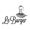 Das Logo LeBurger in schwarz auf weißem Hintergrund. Über dem Burger ist ein Mann abgebildet.