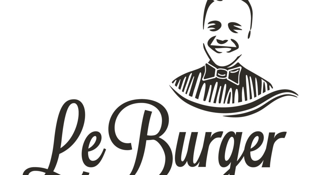 Das Logo LeBurger in schwarz auf weißem Hintergrund. Über dem Burger ist ein Mann abgebildet.