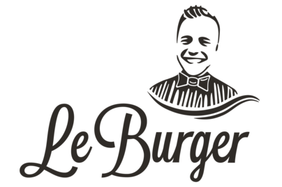 Das Logo LeBurger in schwarz auf weißem Hintergrund. Über dem Burger ist ein Mann abgebildet.