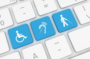 Barrierefreiheit auf unserer Website - Tastatur mit Symbolen: Rollstuhl, Gehstock, Ohr 
